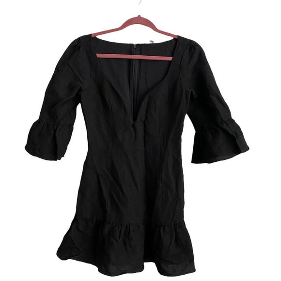 LPA 495 Black Mini Dress Linen Blend Flare Sleeves Flounce Hem - Picture 2 of 5